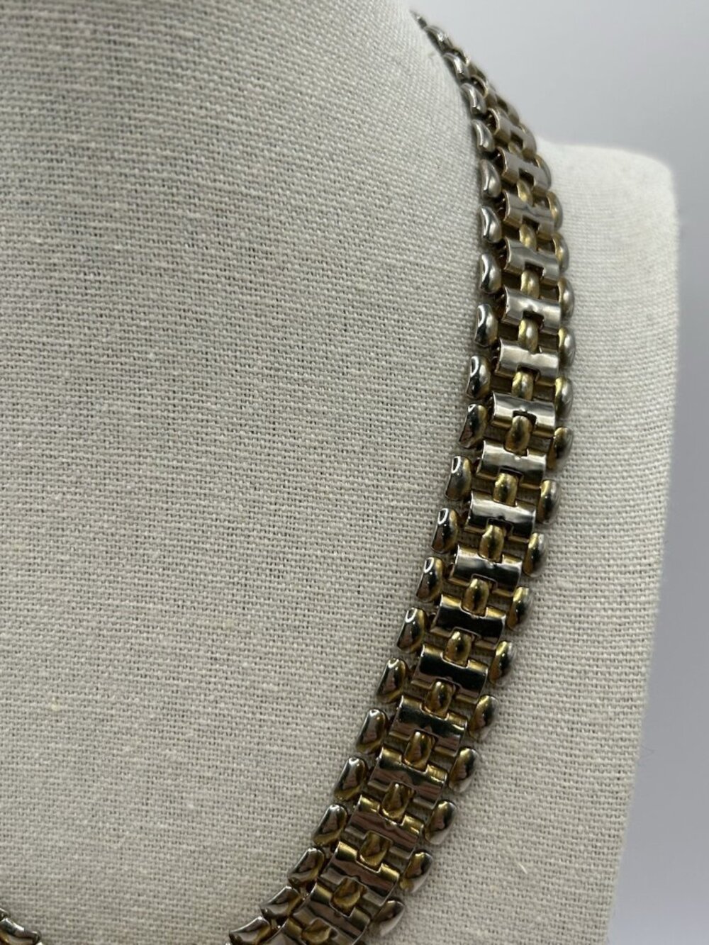 Vintage Two Tone Link Necklace Silver Gold Tone Chunky Statement 17” Bold Panel - Picture 6 of 11